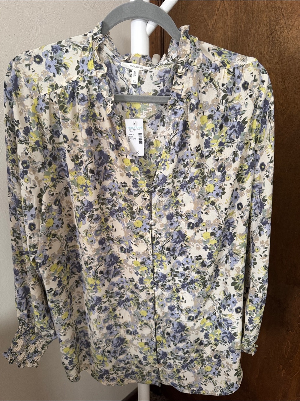 Maurices Cream Floral Button-Up Blouse with Blue & Yellow Accents